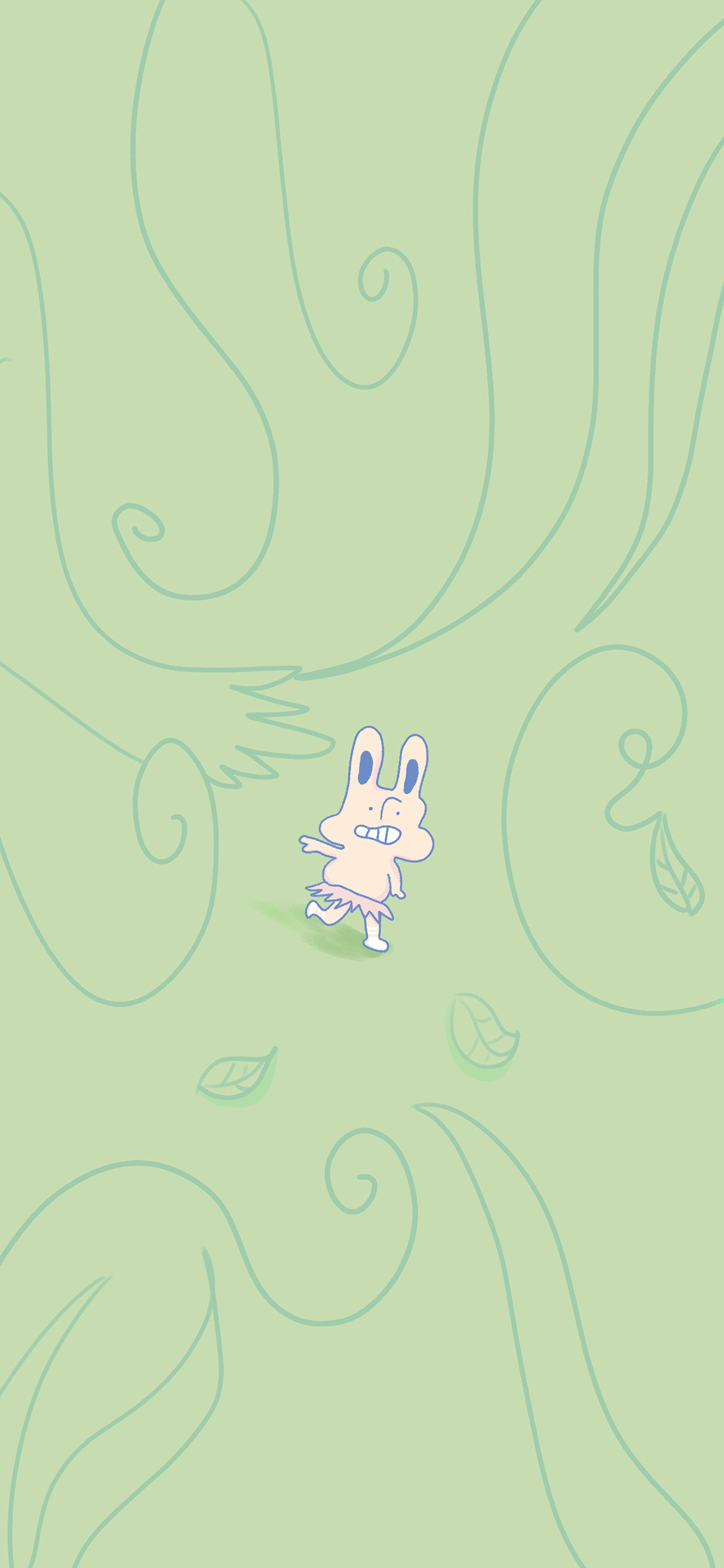 [2436×1125]绿色背景 兔子 线条 苹果手机动漫壁纸图片