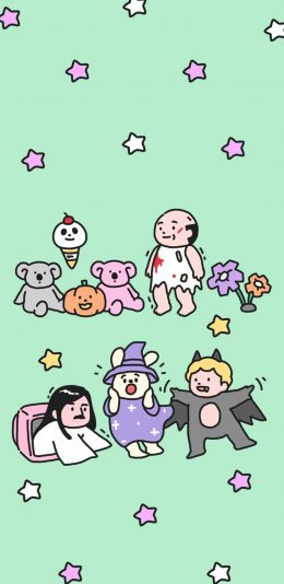 [2436x1125]绿色背景 卡通 人物 星星 平铺 苹果手机动漫壁纸图片