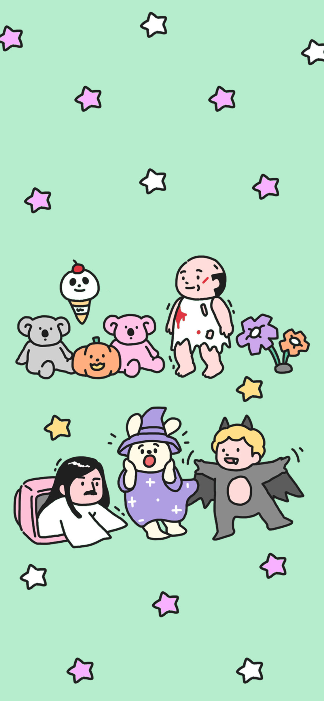 [2436×1125]绿色背景 卡通 人物 星星 平铺 苹果手机动漫壁纸图片