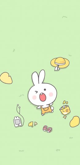 [2436x1125]绿色背景 卡通 兔兔 可爱 苹果手机动漫壁纸图片
