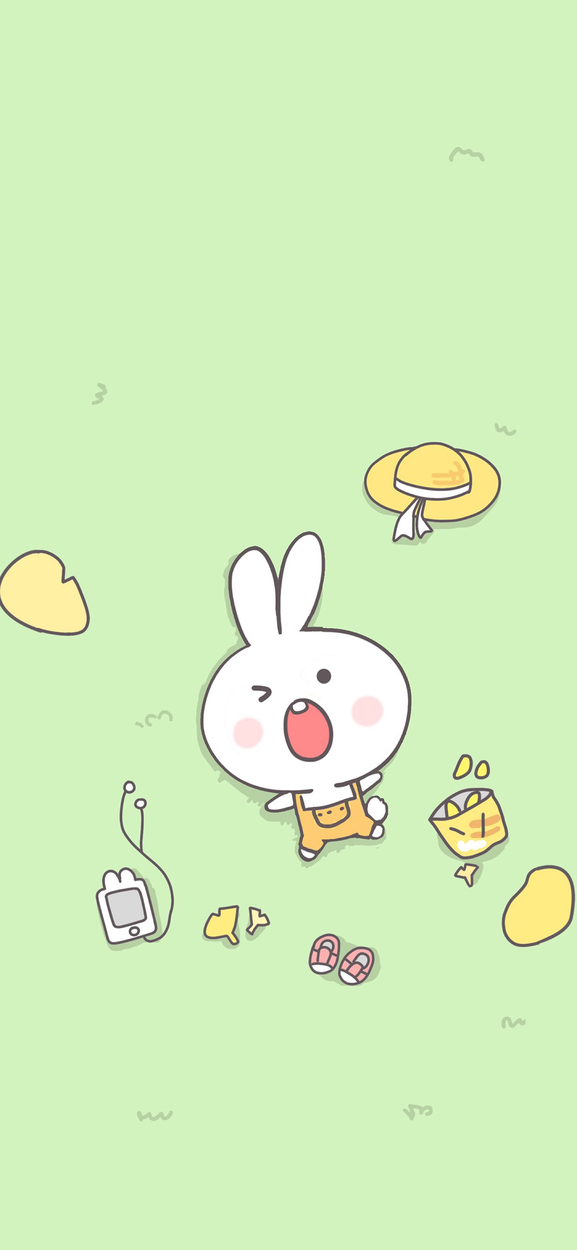 [2436×1125]绿色背景 卡通 兔兔 可爱 苹果手机动漫壁纸图片