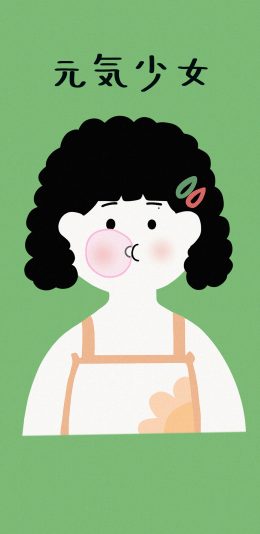 [2436x1125]绿色背景 卡通 女孩 元气少女 （取自微博：寄喜饼给你喔） 苹果手机动漫壁纸图片