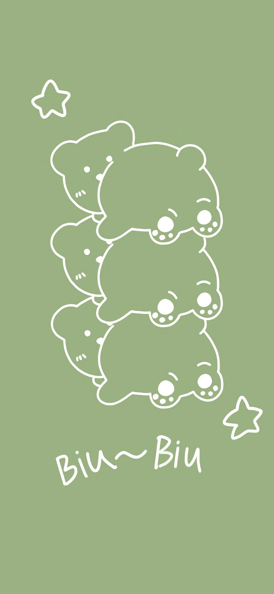 [2436×1125]绿色背景 卡通 小熊 简笔 苹果手机动漫壁纸图片