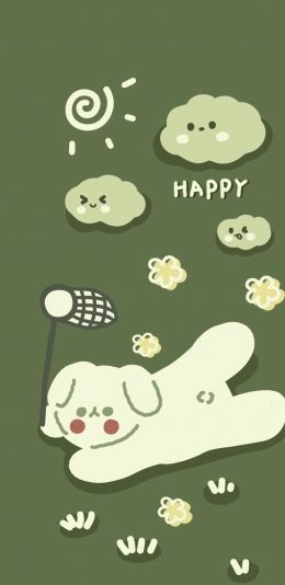 [2436x1125]绿色背景 卡通 小狗 happy （是谁偷吃了奶酪） 苹果手机动漫壁纸图片