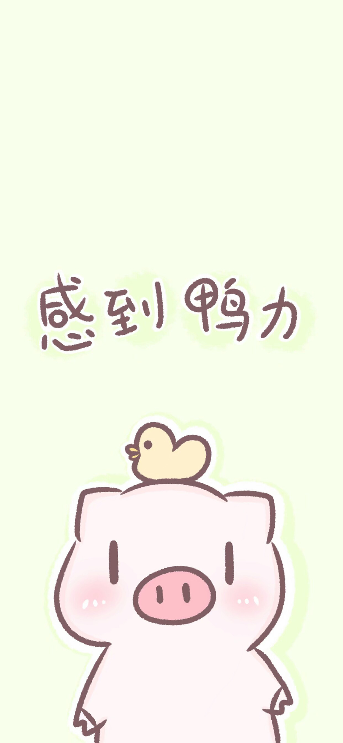 [2436×1125]绿色背景 卡通 猪 小黄鸭 感到鸭力 苹果手机动漫壁纸图片