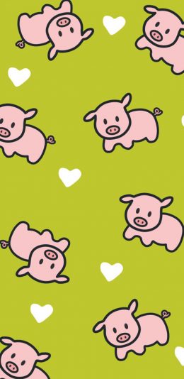 [2436x1125]绿色背景 卡通 猪猪 平铺 粉色 苹果手机动漫壁纸图片