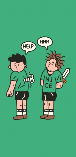 [2436x1125]绿色背景 卡通 男孩 help 苹果手机动漫壁纸图片