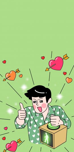 [2436x1125]绿色背景 卡通 男孩 爱心 苹果手机动漫壁纸图片