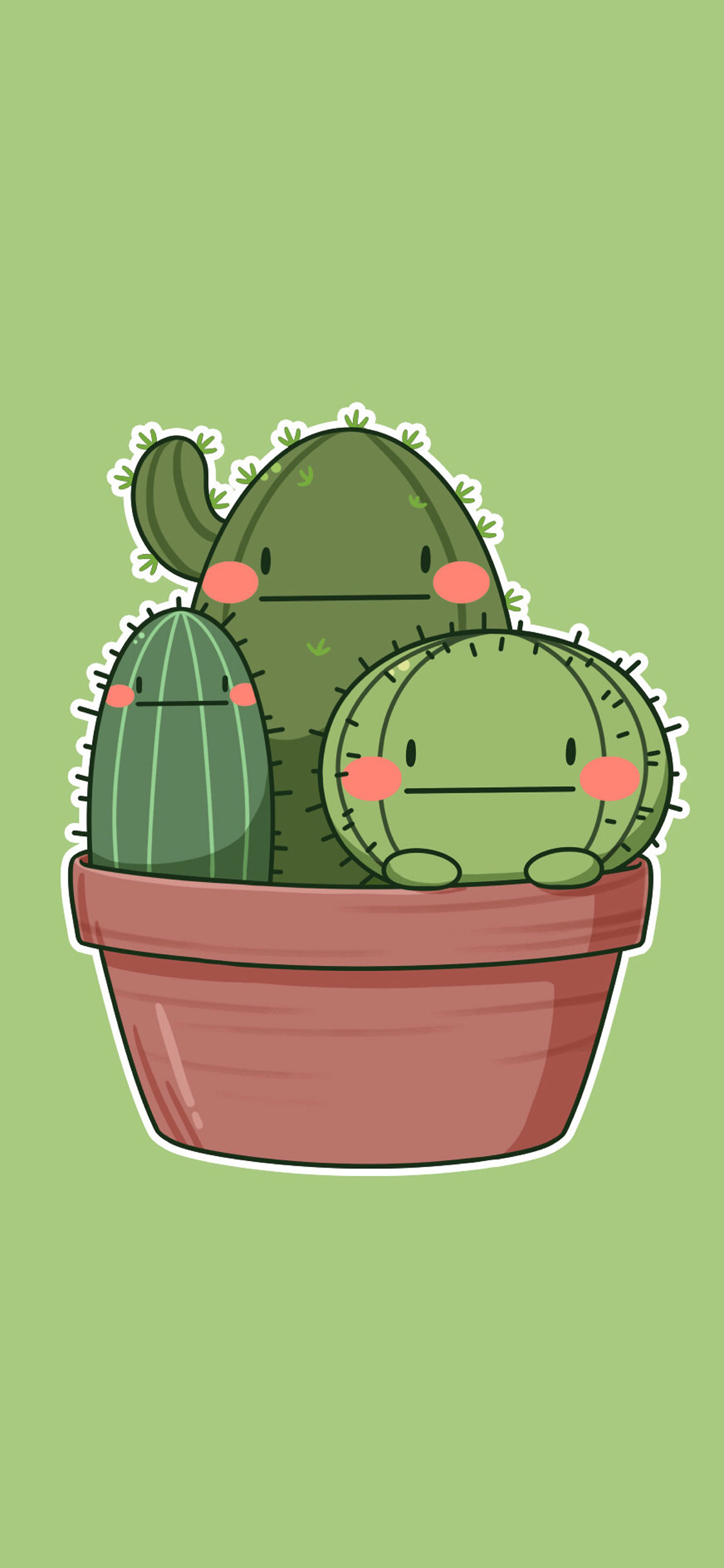 [2436×1125]绿色背景 卡通 盆栽 仙人掌 苹果手机动漫壁纸图片