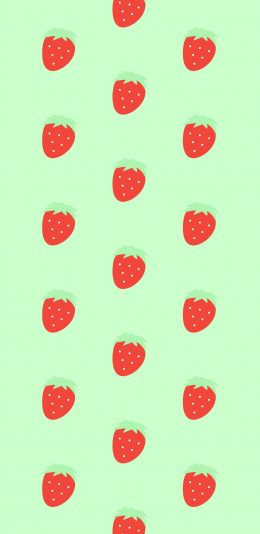 [2436x1125]绿色背景 卡通 草莓 平铺 苹果手机动漫壁纸图片