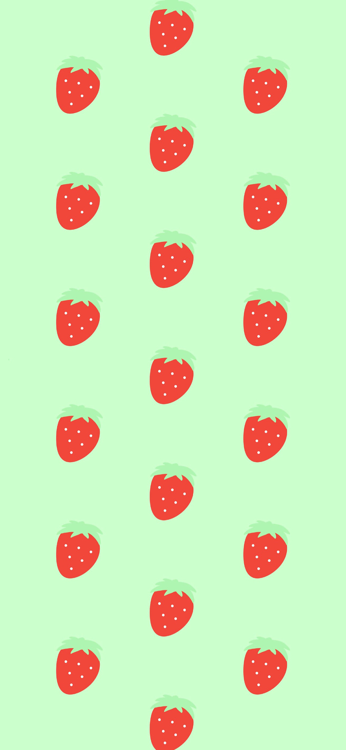 [2436×1125]绿色背景 卡通 草莓 平铺 苹果手机动漫壁纸图片