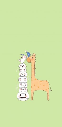 [2436x1125]绿色背景 卡通 长颈鹿 兔子 戴帽子 苹果手机动漫壁纸图片