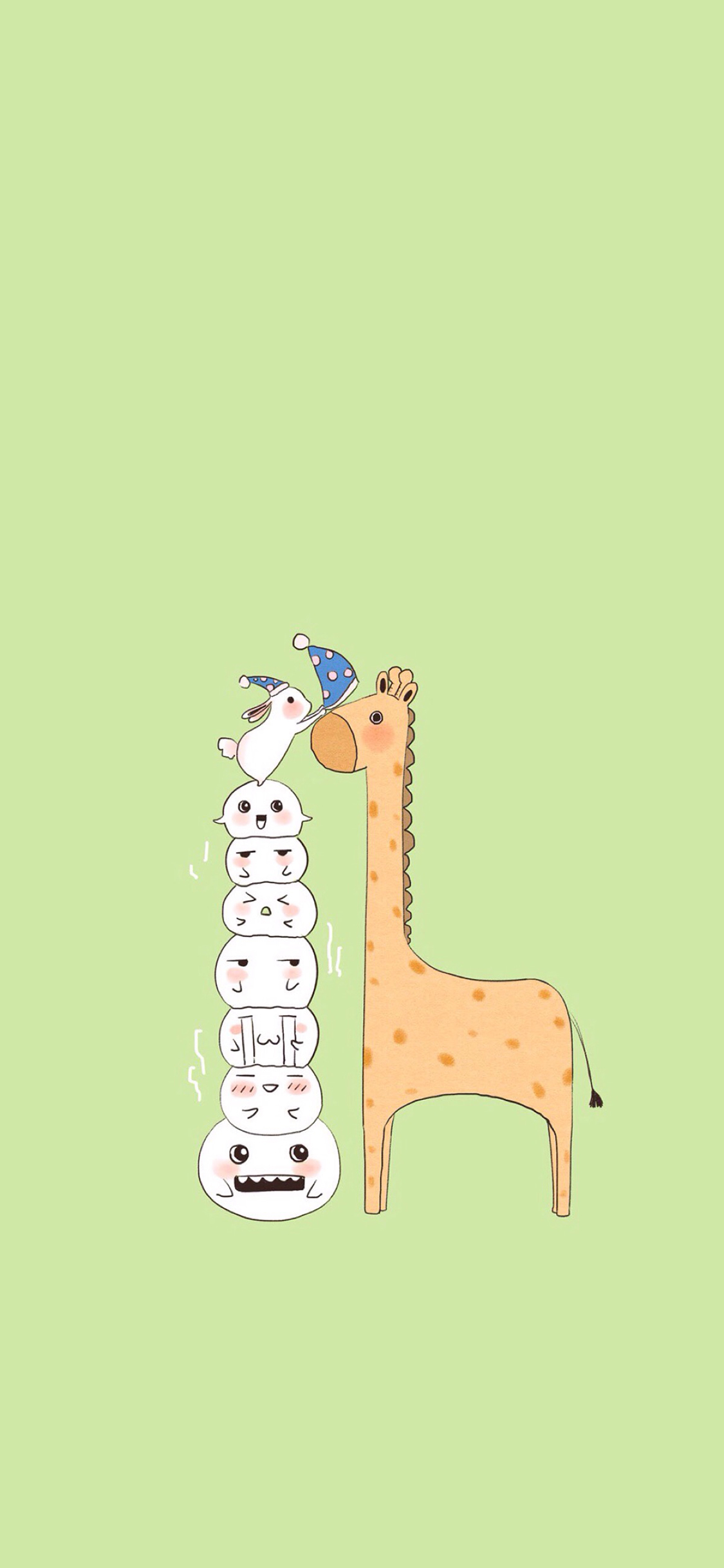 [2436×1125]绿色背景 卡通 长颈鹿 兔子 戴帽子 苹果手机动漫壁纸图片