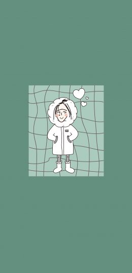 [2436x1125]绿色背景 卡通女孩 爱心 苹果手机动漫壁纸图片