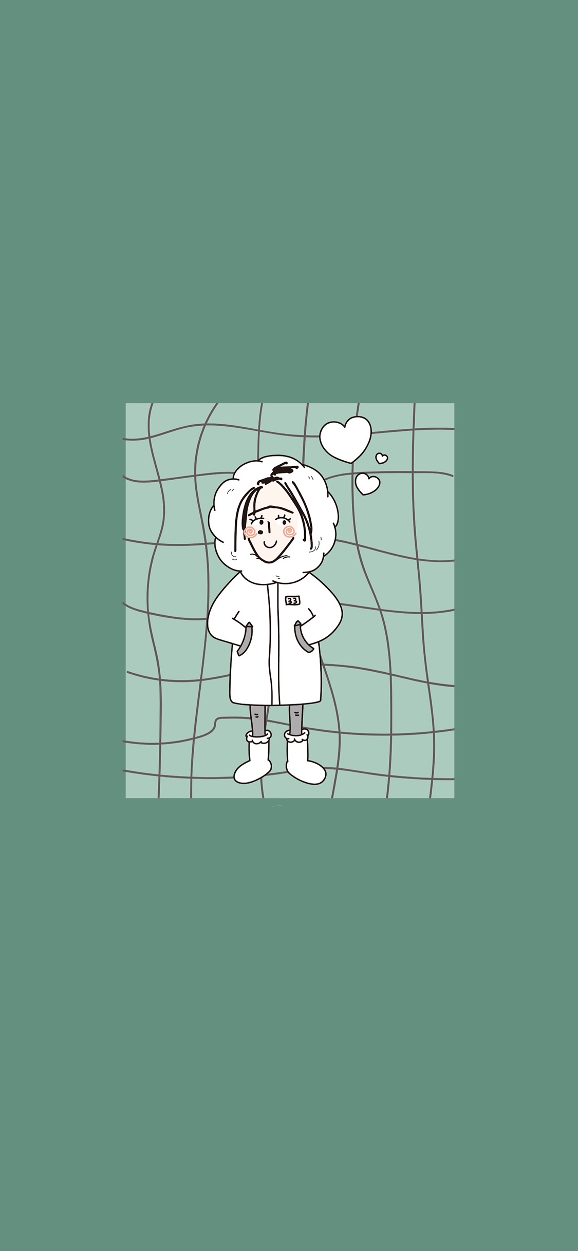 [2436×1125]绿色背景 卡通女孩 爱心 苹果手机动漫壁纸图片