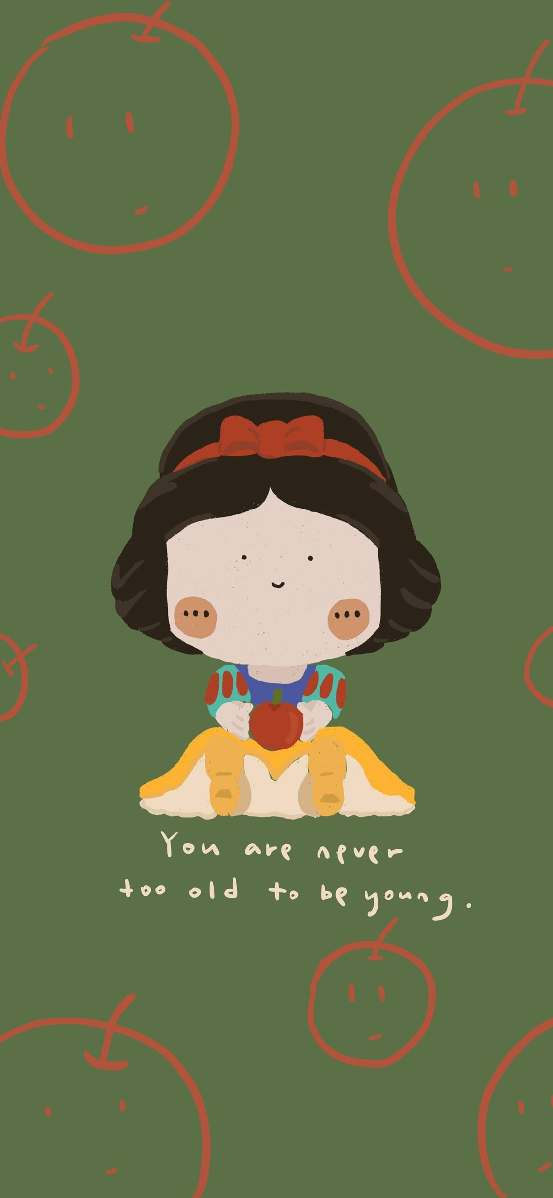 [2436×1125]绿色背景 迪士尼 白雪公主 苹果手机动漫壁纸图片