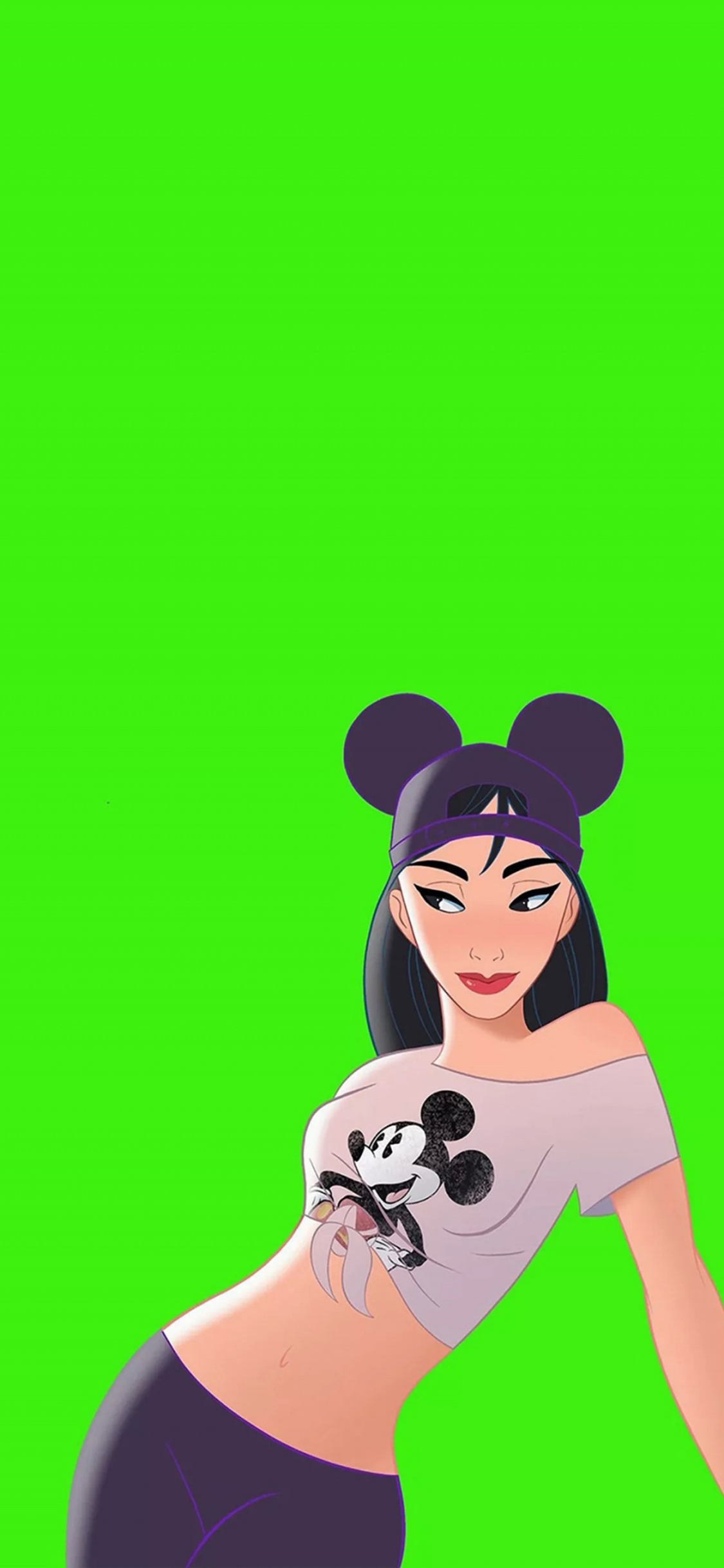 [2436×1125]绿色背景 迪士尼 花木兰 米奇 苹果手机动漫壁纸图片