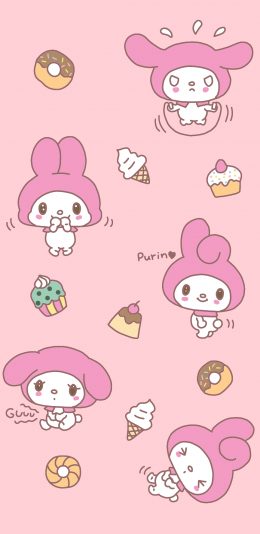 [2436x1125]美乐蒂 粉色 卡通 平铺 可爱 Melody 苹果手机动漫壁纸图片