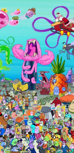 [2436x1125]美国 动画 海绵宝宝 比基尼海滩 合集 苹果手机动漫壁纸图片