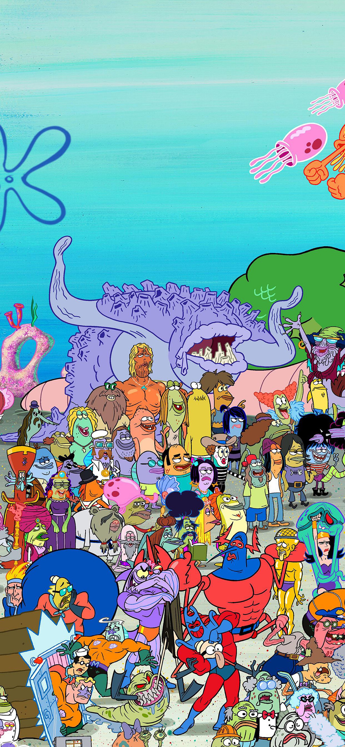 [2436×1125]美国 动画 海绵宝宝 比基尼海滩 居民 苹果手机动漫壁纸图片