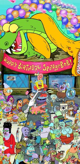 [2436x1125]美国 动画 海绵宝宝 比基尼海滩 生日会 苹果手机动漫壁纸图片
