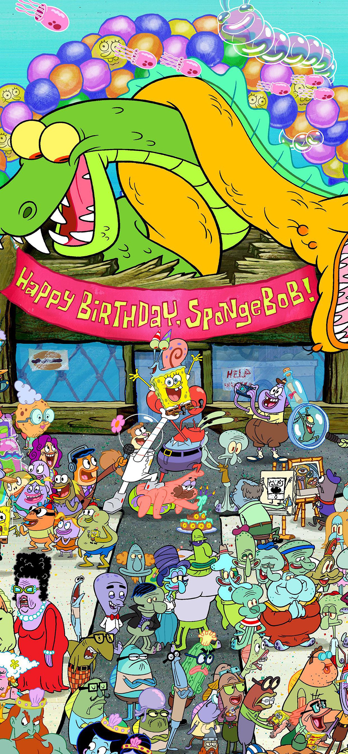 [2436×1125]美国 动画 海绵宝宝 比基尼海滩 生日会 苹果手机动漫壁纸图片