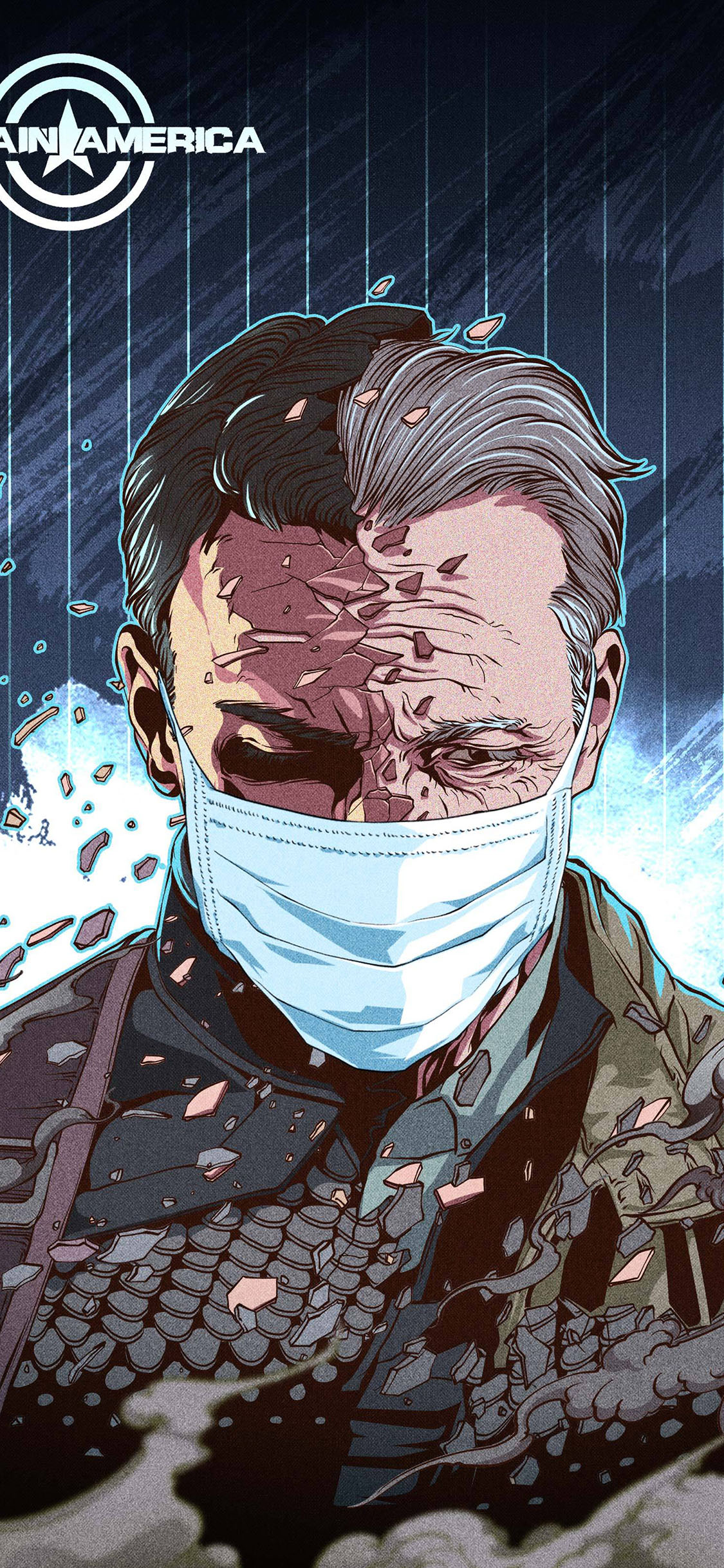 [2436×1125]美国队长 漫威 插画 疫情 口罩（取自站酷网：插画杨权） 苹果手机动漫壁纸图片