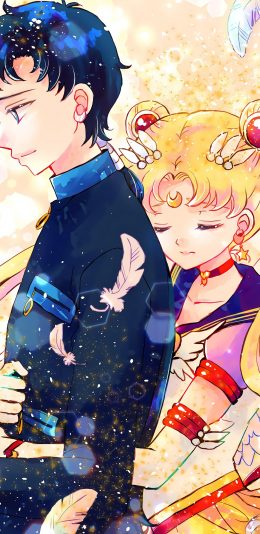 [2436x1125]美少女战士 情侣 爱情 拥抱 月野兔 羽毛 苹果手机动漫壁纸图片