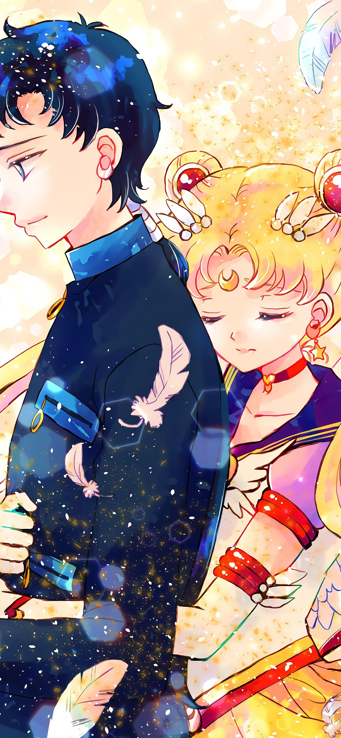 [2436×1125]美少女战士 情侣 爱情 拥抱 月野兔 羽毛 苹果手机动漫壁纸图片