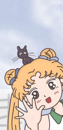 [2436x1125]美少女战士 猫咪 动画 月野兔 招手 苹果手机动漫壁纸图片