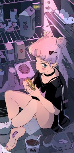[2436x1125]美少女战士 紫色 冰箱 吃 三明治 漫画 创可贴 苹果手机动漫壁纸图片