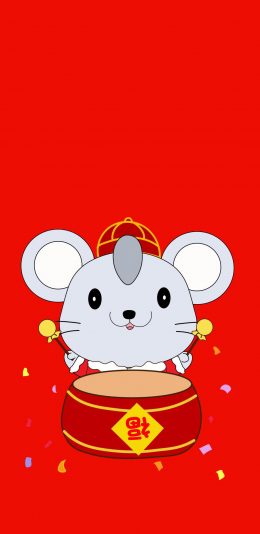 [2436x1125]老鼠 红色 福 打鼓 苹果手机动漫壁纸图片