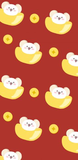 [2436x1125]老鼠 金元宝 红色 平铺 苹果手机动漫壁纸图片