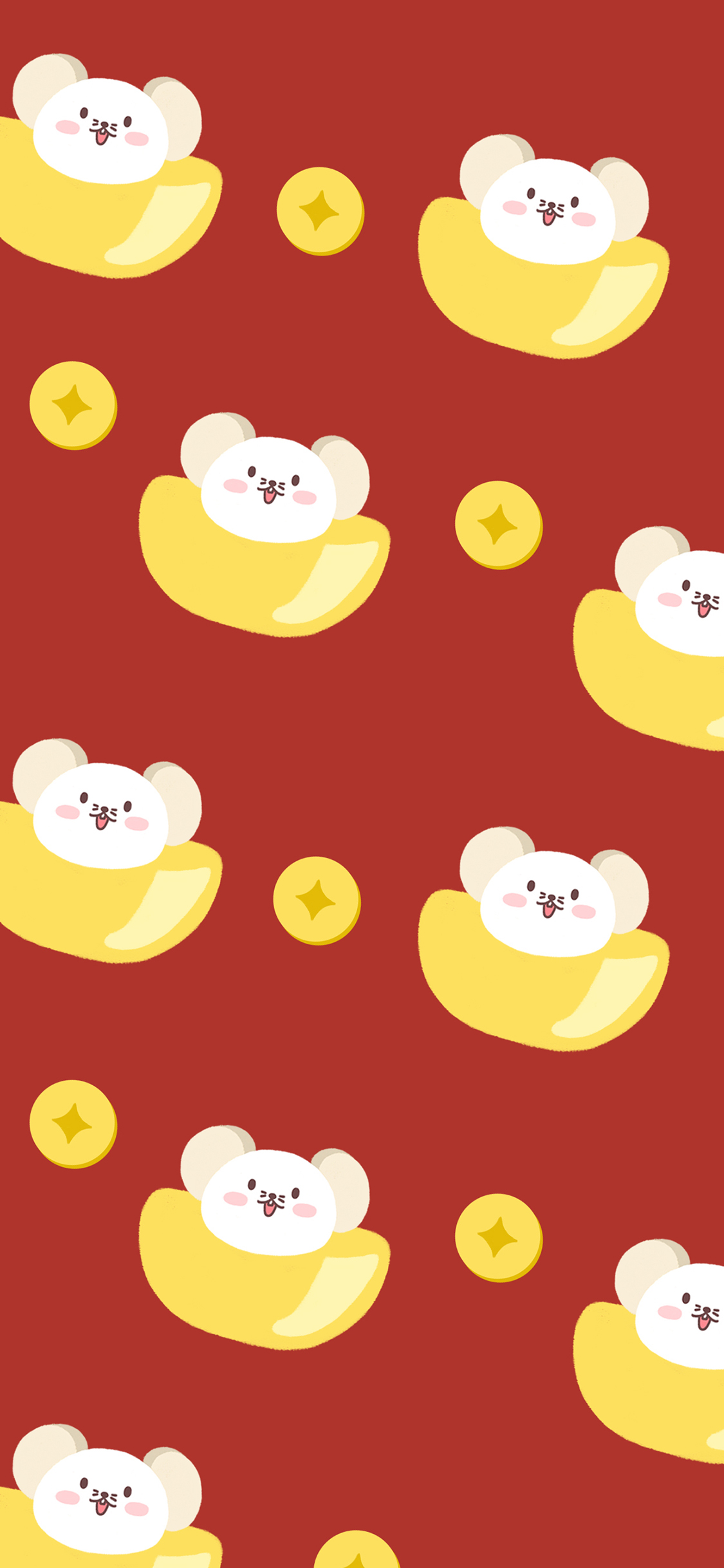 [2436×1125]老鼠 金元宝 红色 平铺 苹果手机动漫壁纸图片