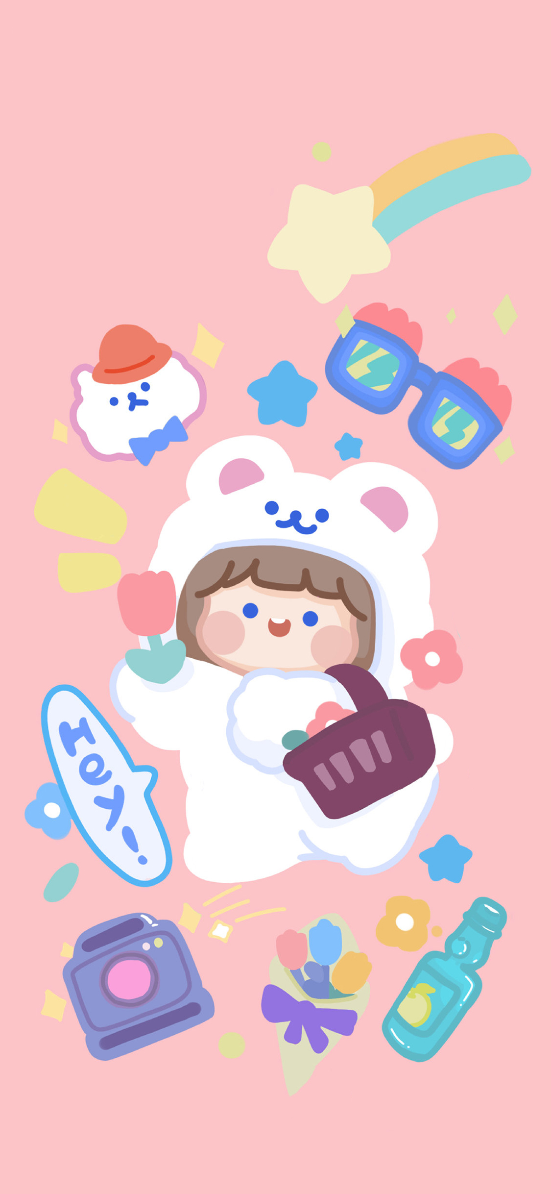 [2436×1125]肉肉酱 hey 眼镜 星星 花 卡通 苹果手机动漫壁纸图片