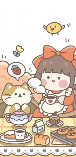 [2436x1125]肉肉酱 小女孩 下午茶 咖啡 面包 苹果手机动漫壁纸图片