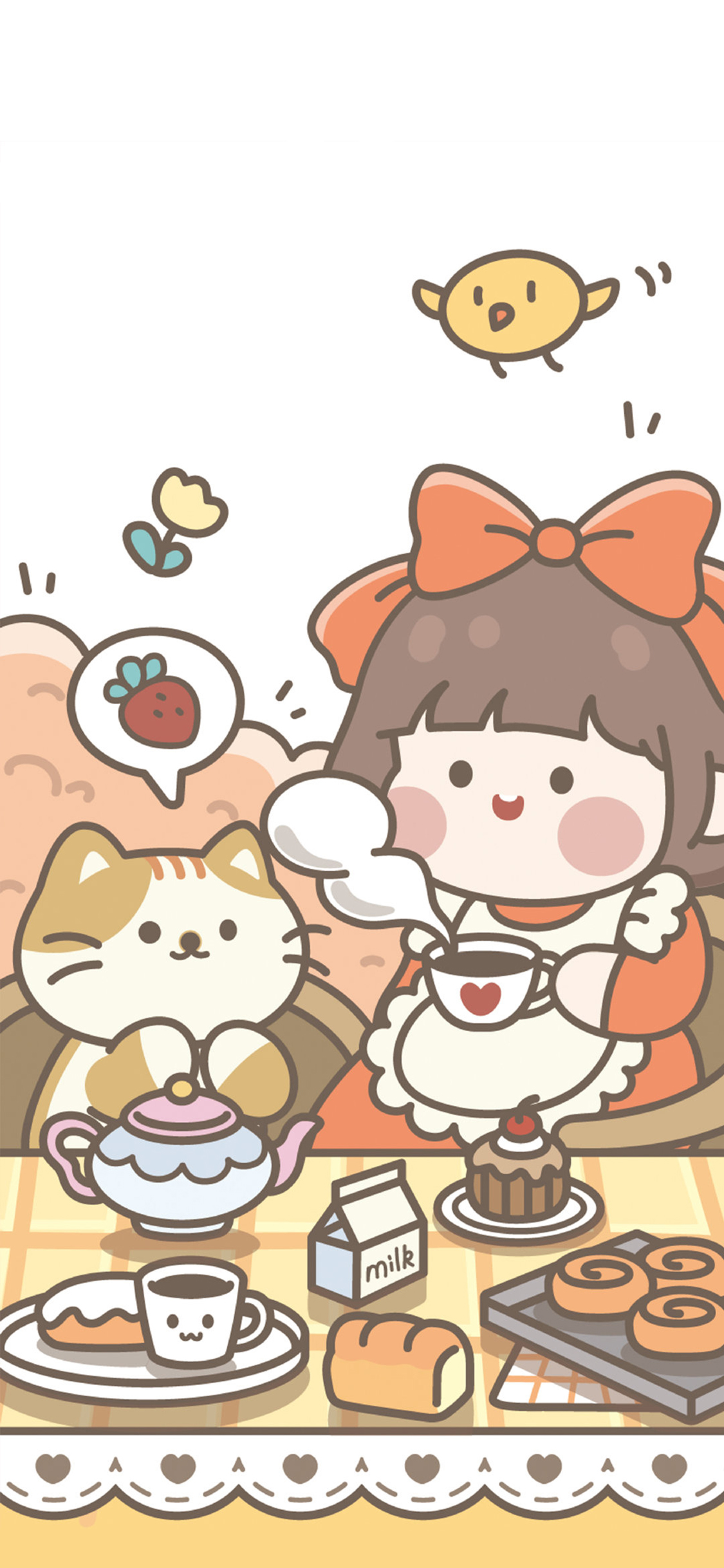 [2436×1125]肉肉酱 小女孩 下午茶 咖啡 面包 苹果手机动漫壁纸图片