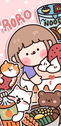 [2436x1125]肉肉酱 小女孩 猫咪 熊 蛋糕 卡通 苹果手机动漫壁纸图片