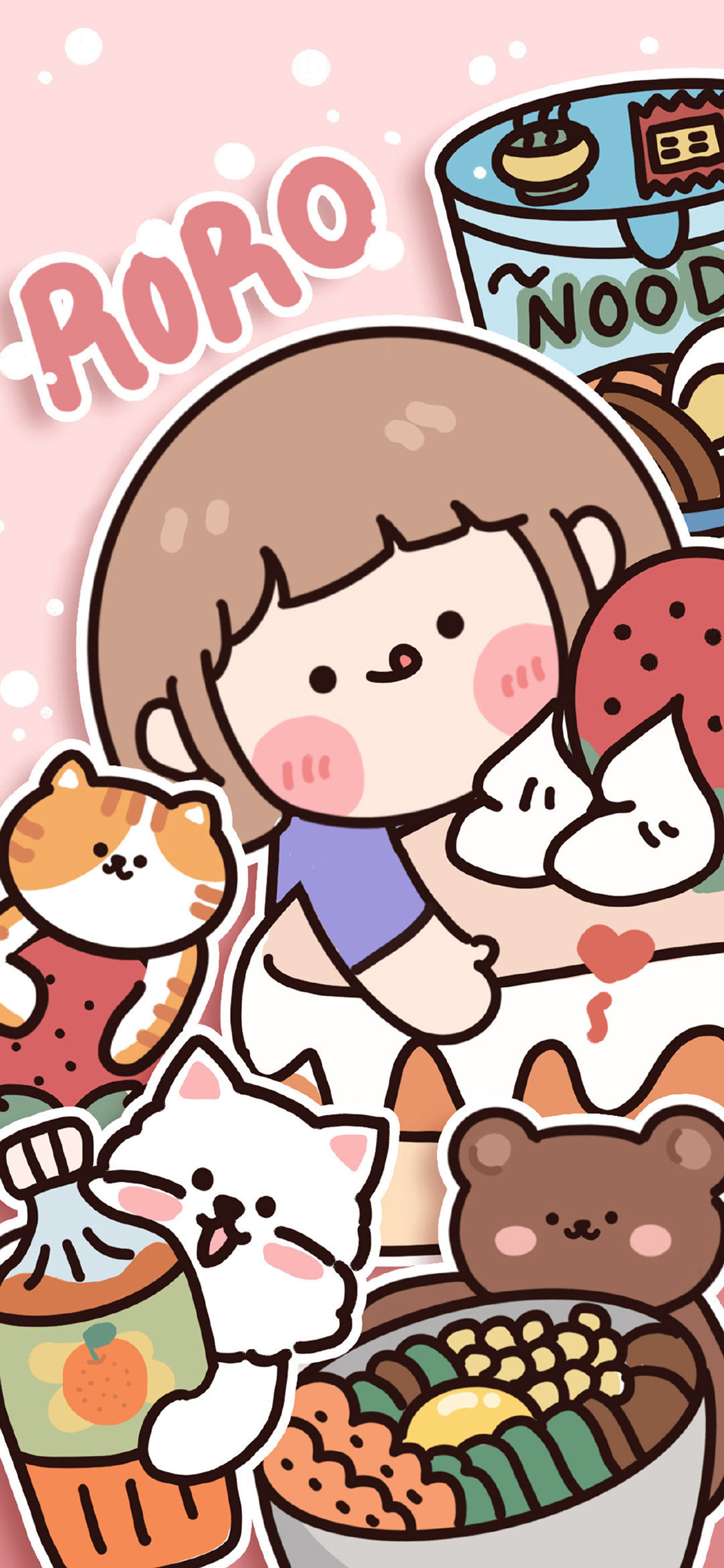 [2436×1125]肉肉酱 小女孩 猫咪 熊 蛋糕 卡通 苹果手机动漫壁纸图片