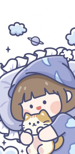 [2436x1125]肉肉酱 小女孩 睡觉 被窝 猫咪 苹果手机动漫壁纸图片