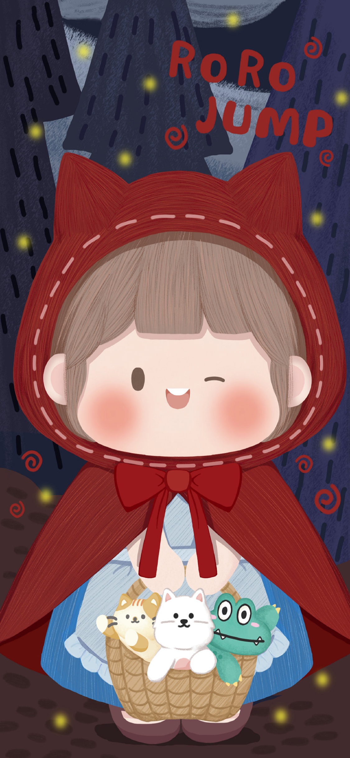 [2436×1125]肉肉酱 小红帽 小女孩 夜晚 苹果手机动漫壁纸图片