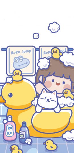 [2436x1125]肉肉酱 小黄鸭 洗澡 泡澡 苹果手机动漫壁纸图片