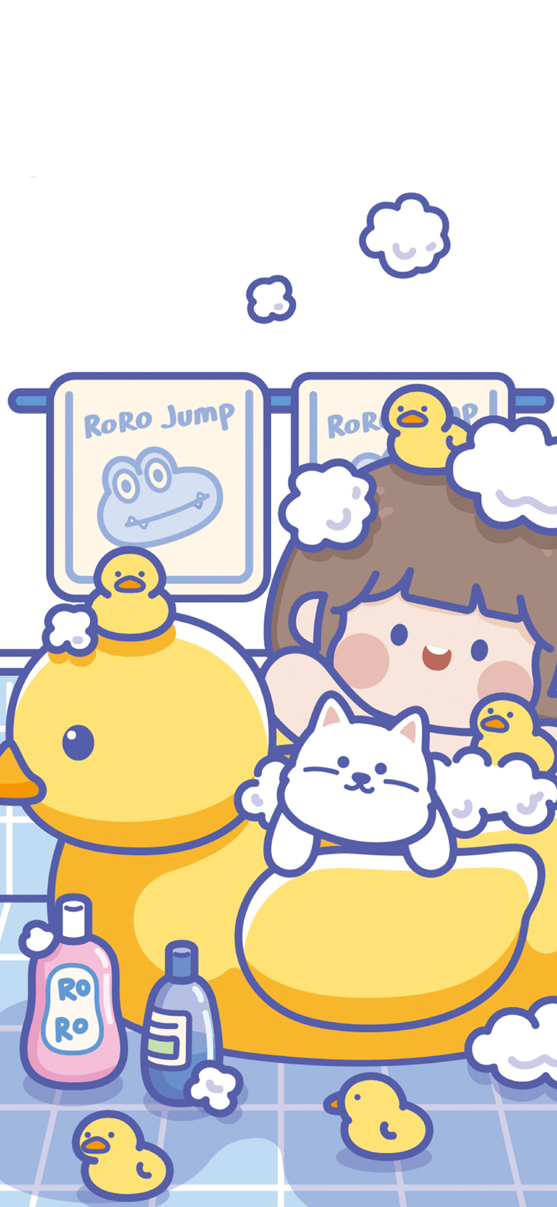 [2436×1125]肉肉酱 小黄鸭 洗澡 泡澡 苹果手机动漫壁纸图片