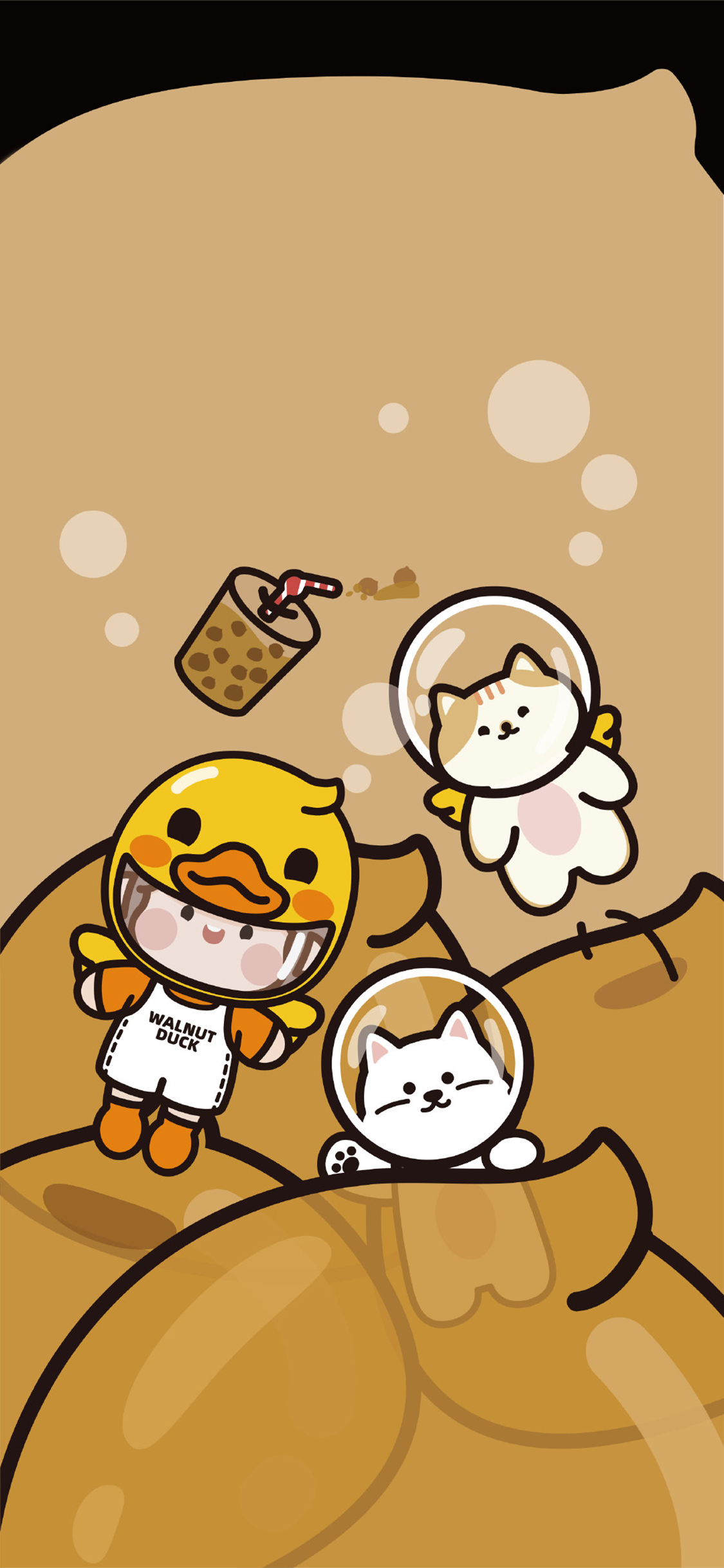 [2436×1125]肉肉酱 小黄鸭 珍珠奶茶 卡通 猫咪 苹果手机动漫壁纸图片