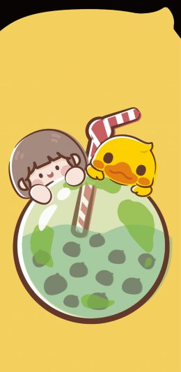 [2436x1125]肉肉酱 小黄鸭 珍珠奶茶 黄色 可爱 苹果手机动漫壁纸图片