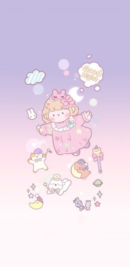 [2436x1125]肉肉酱 晚安 睡衣 女孩 猫 苹果手机动漫壁纸图片