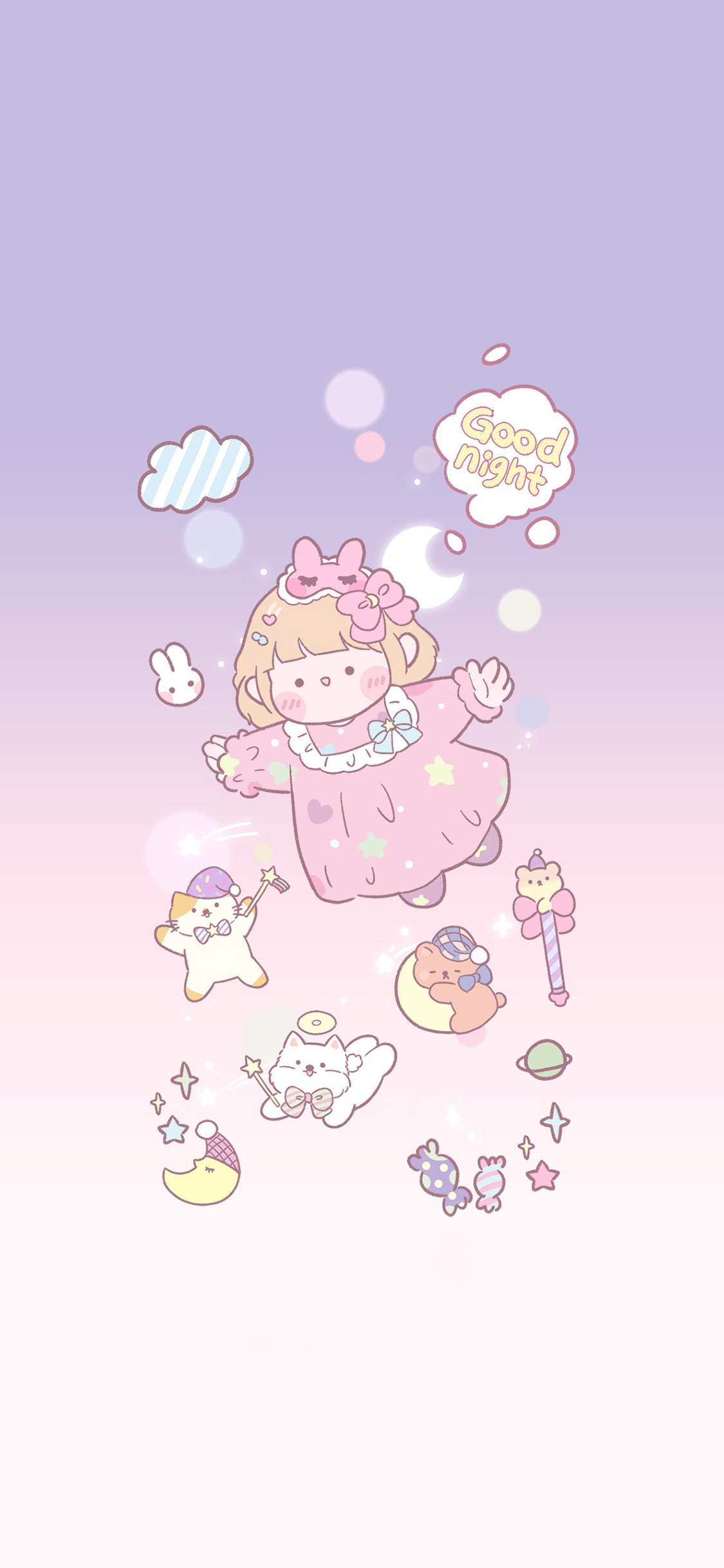 [2436×1125]肉肉酱 晚安 睡衣 女孩 猫 苹果手机动漫壁纸图片