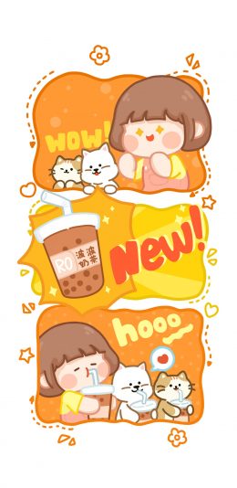 [2436x1125]肉肉酱 波波奶茶 wow new 小猫 小狗 苹果手机动漫壁纸图片