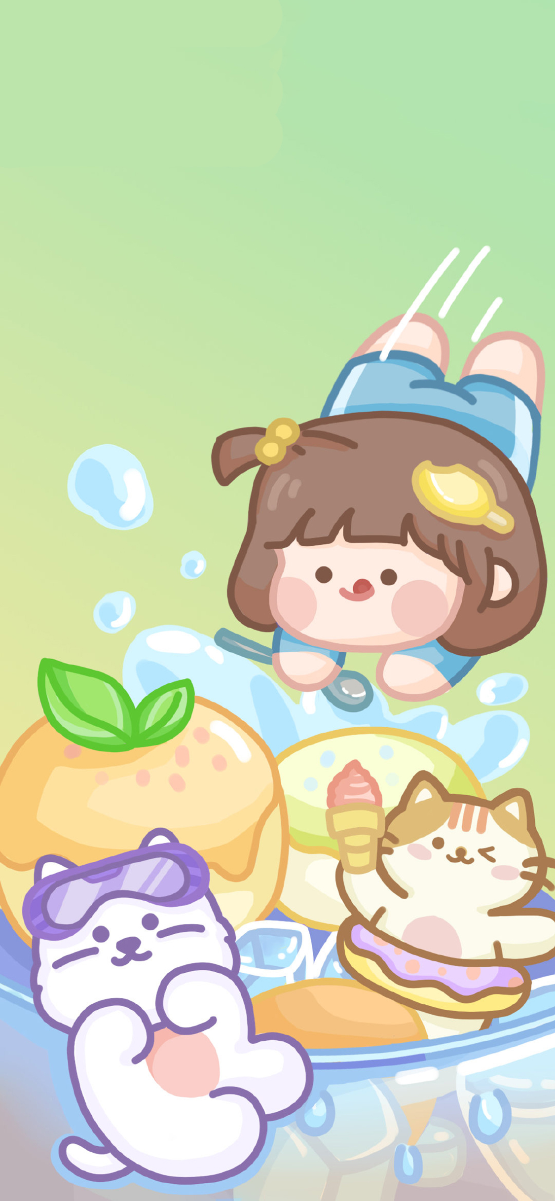 [2436×1125]肉肉酱 狗 猫咪 冰淇淋 跳水 苹果手机动漫壁纸图片