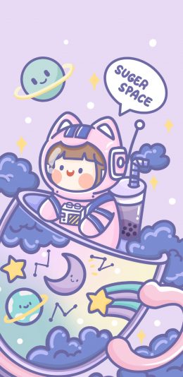 [2436x1125]肉肉酱 糖果宇宙 紫色 杯子 月亮 地球 星星 苹果手机动漫壁纸图片